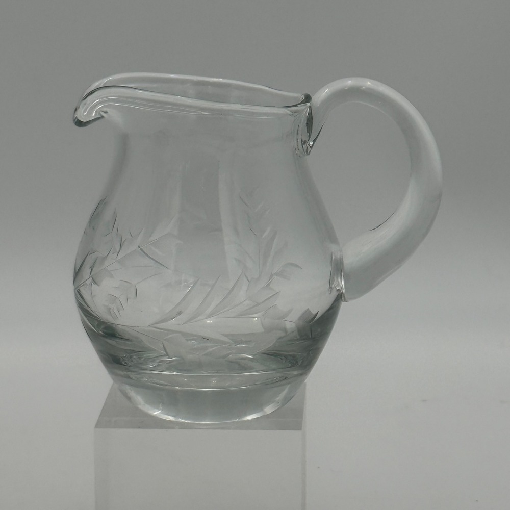 Vintage Etched Clear Glass Creamer Pitcher Floral Leaf Design Small Milk Jug